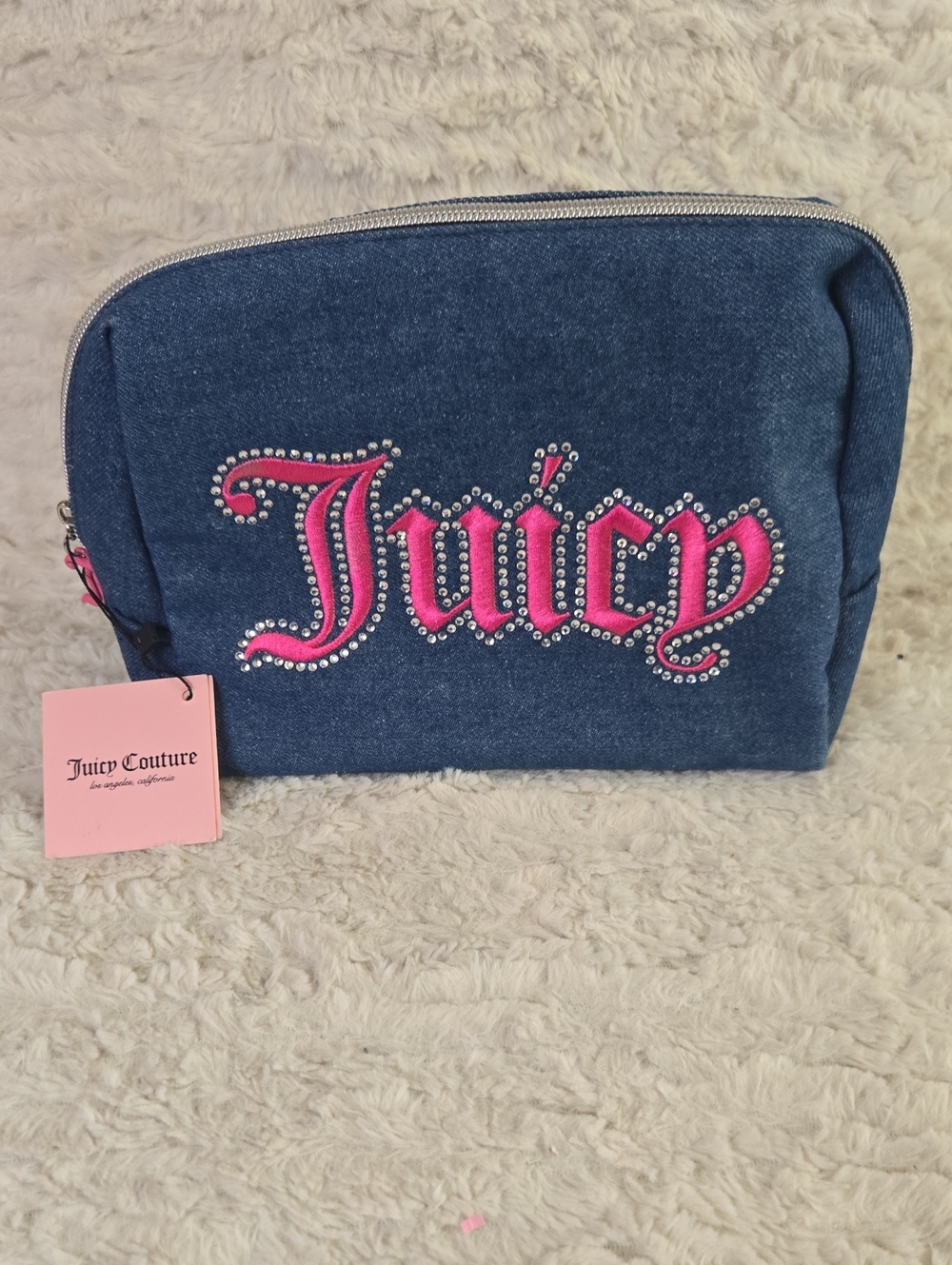 Juicy Couture Denim Cosmetic Pouch with Pink Rhinestone Logo